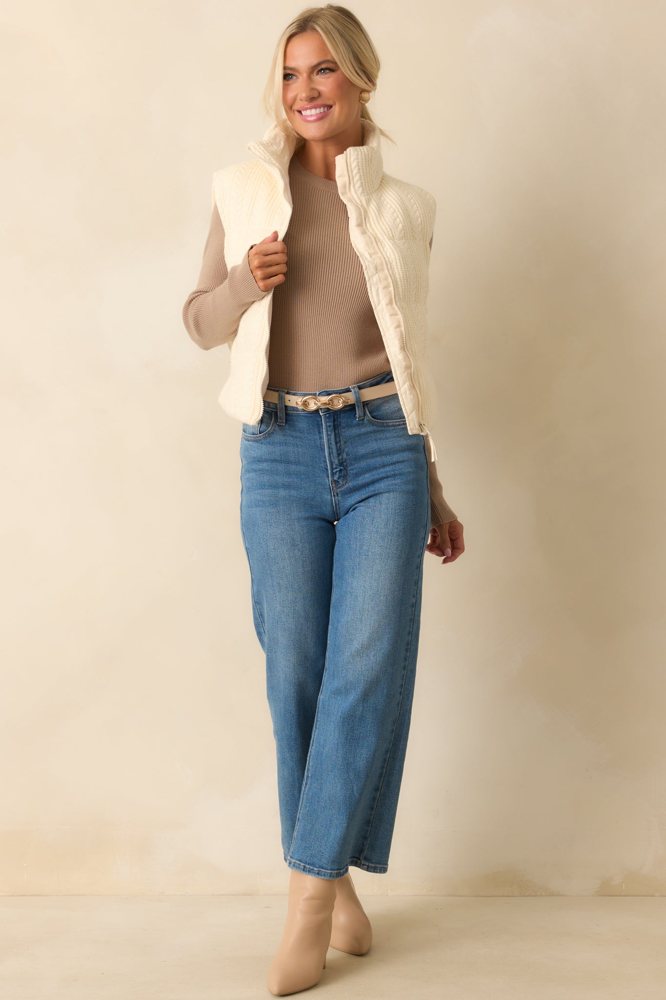 Thread & Supply Stormi Ivory Cable Knit Puffer Vest