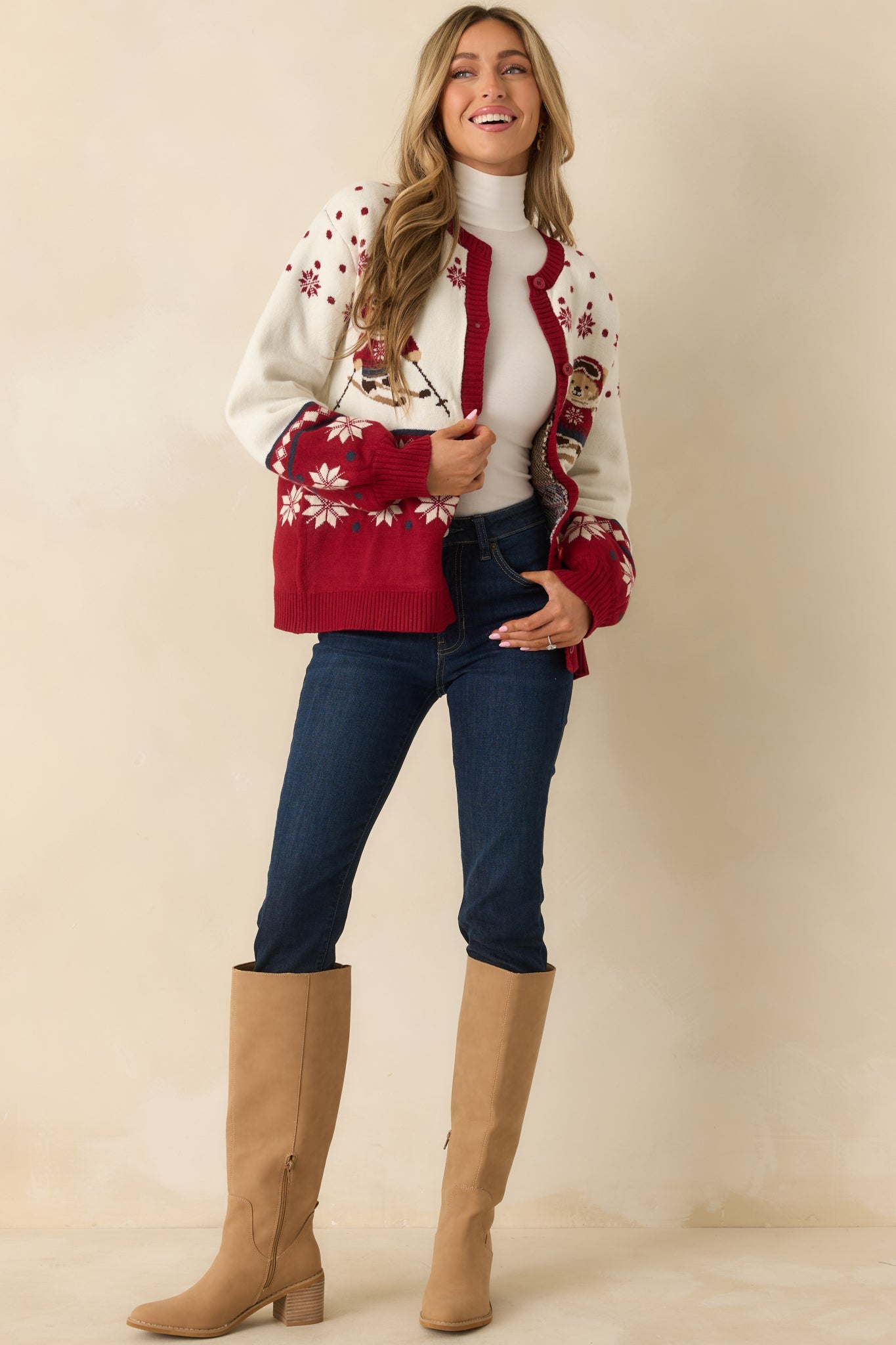 Ski Season Sweetie Ivory & Red Knit Ski Bear Cardigan Sweater