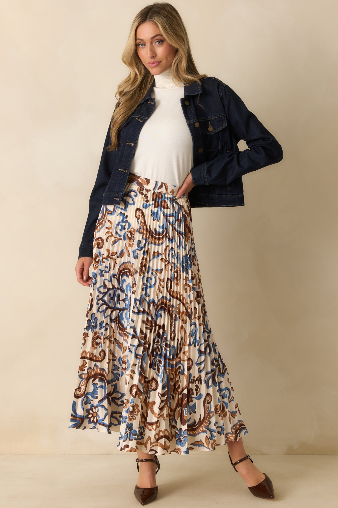 Some Things To Say Ivory Multi Print Satin Pleated Maxi Skirt