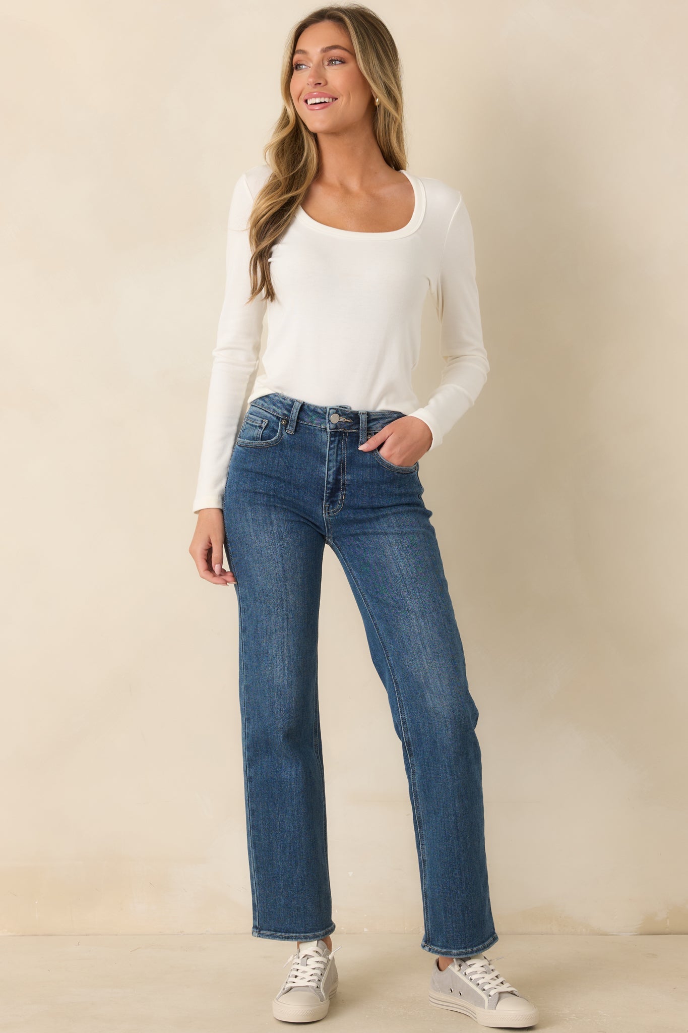 Back To The Basics Ivory Scoop Neck Long Sleeve Top
