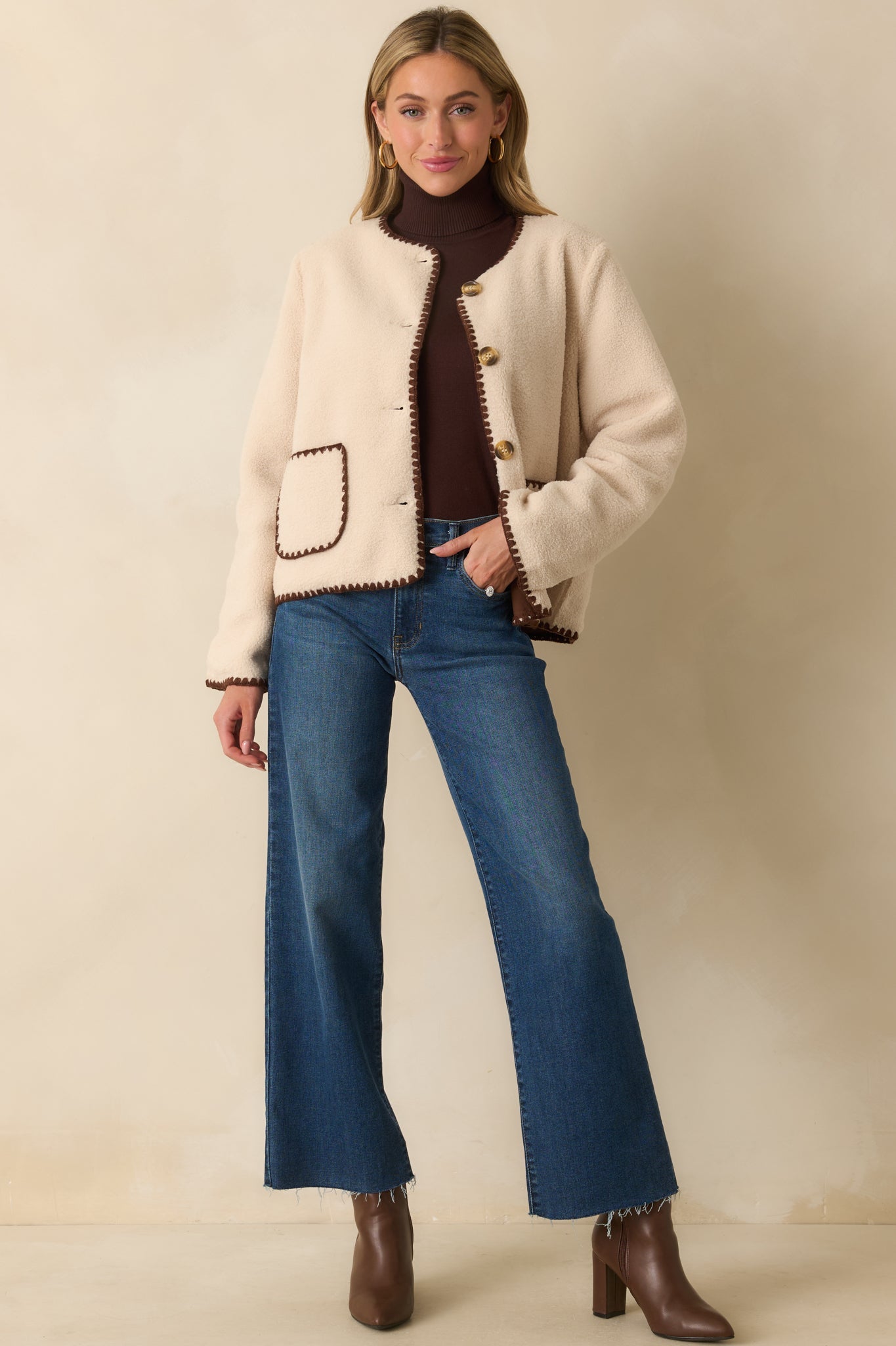 One More Thing Ivory Sherpa Fleece Contrast Trim Button Front Jacket