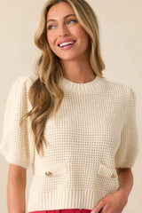 Nothing But Time Ivory Knit Cotton Short Sleeve Sweater
