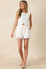 Just Beachy Ivory Cotton Embroidered Seashell Drawstring Shorts