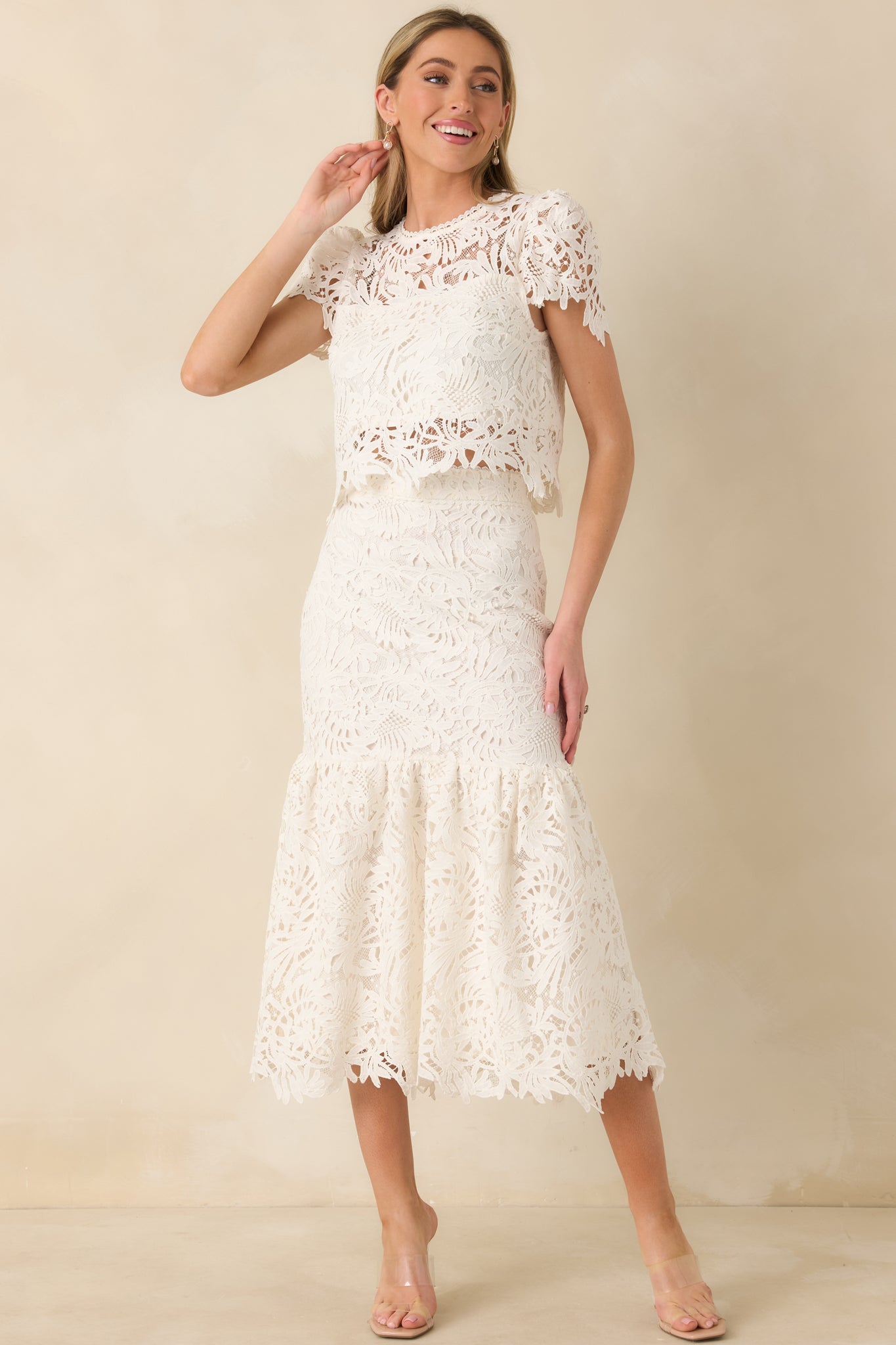 Forever Begins Ivory Floral Lace Midi Skirt