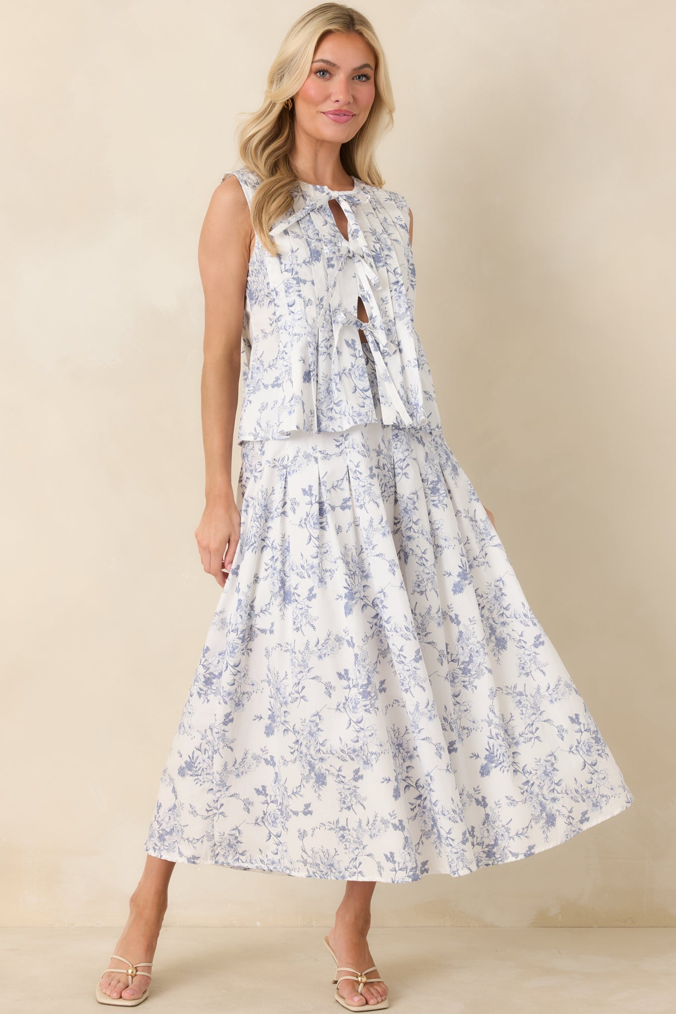 Once Upon a Daydream Blue & Ivory Floral Toile Cotton Maxi Skirt