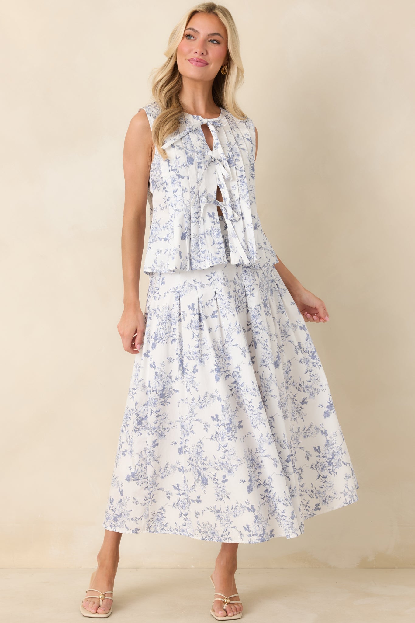 Once Upon a Daydream Blue & Ivory Floral Toile Cotton Tie-Front Top