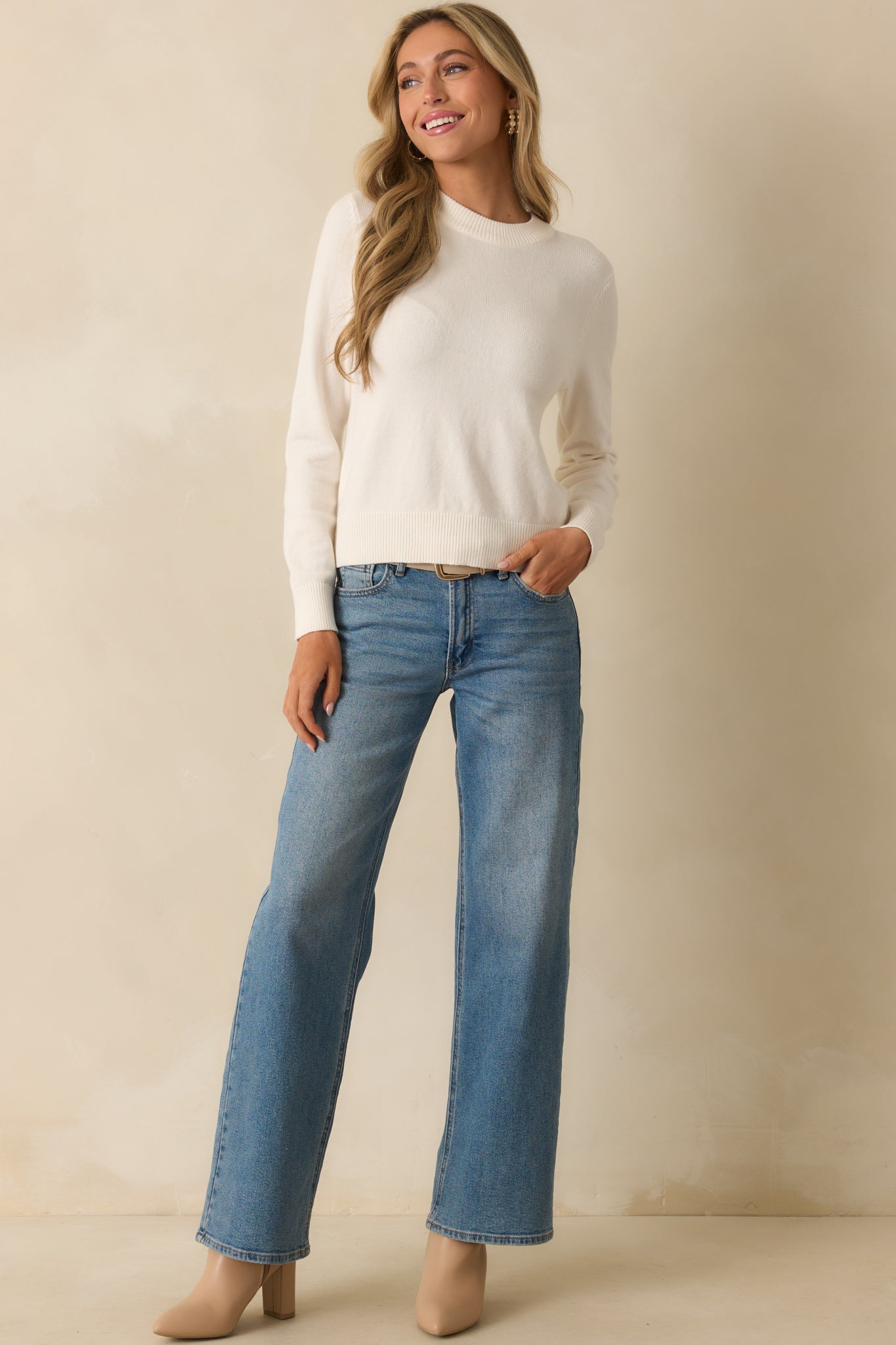 Never In Question Ivory Long Sleeve Crewneck Sweater