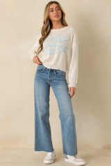 Just Swimmingly Ivory Knit Fish Embroidered Sweater