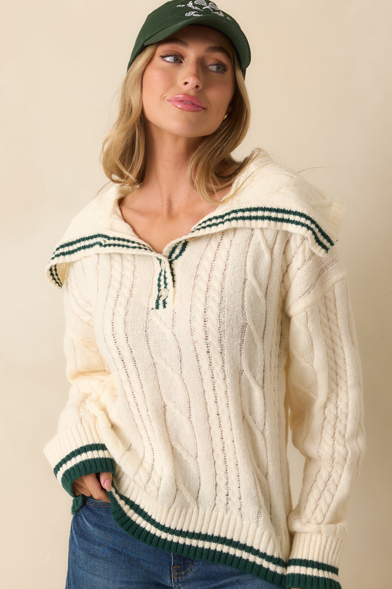Just Going With It Ivory Cable Knit Contrast Trim Collared Sweater