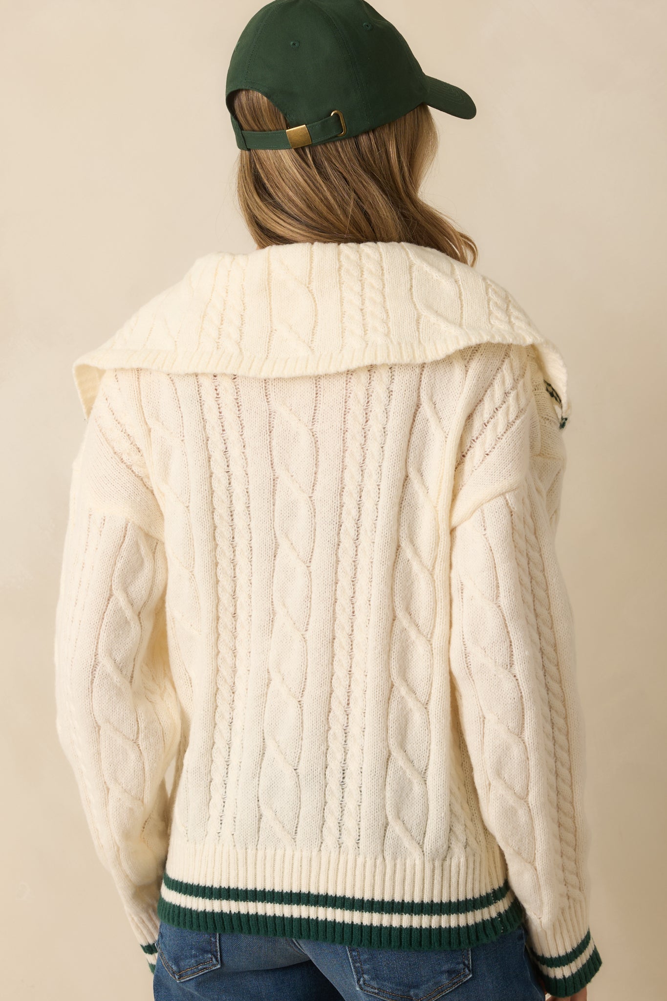 Just Going With It Ivory Cable Knit Contrast Trim Collared Sweater