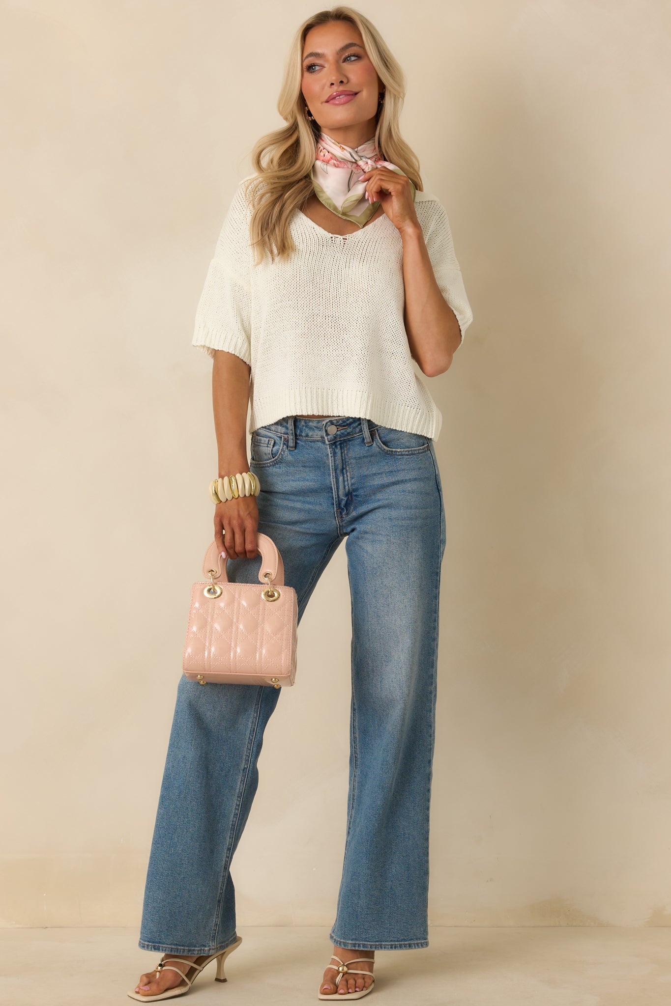 Without Thinking Twice Ivory Knit Collard V-Neck Short Sleeve Sweater
