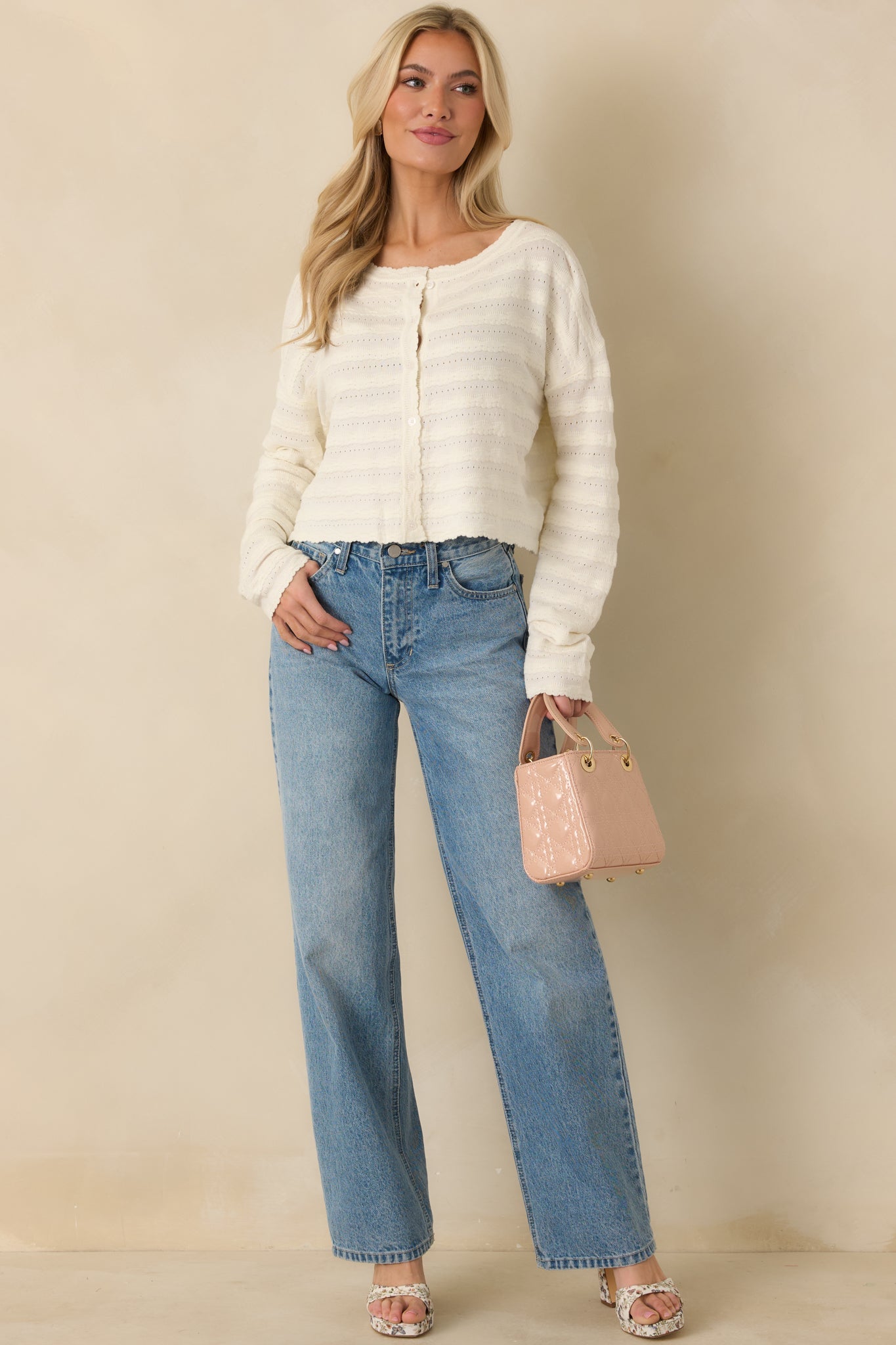 Away We Go Ivory Textured Knit Button Front Cardigan