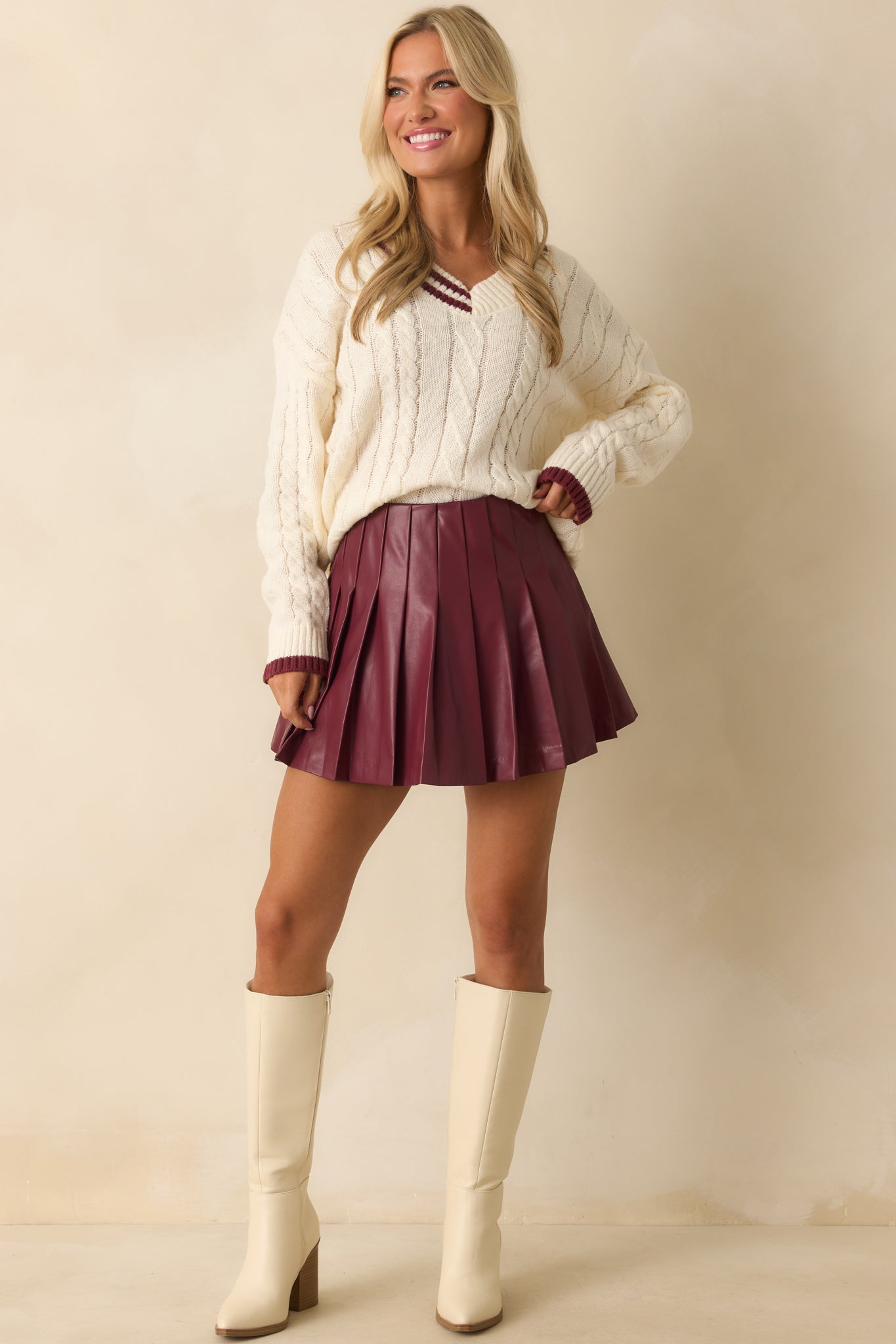 Count On Me Ivory Contrast Trim V-Neck Cable Knit Sweater