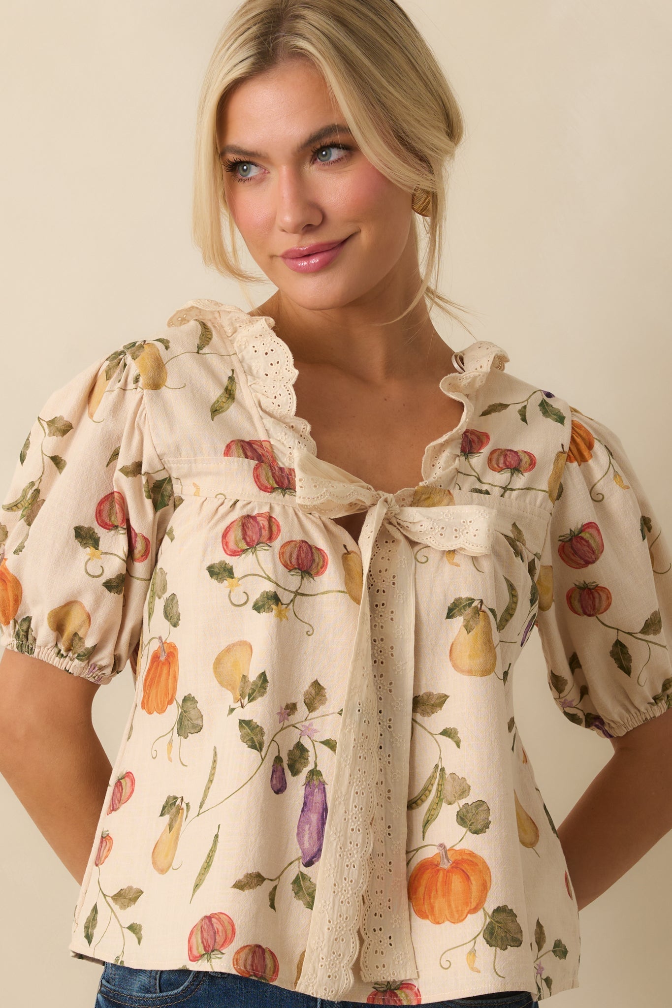 I Meant It Ivory Multi Vegetable Print Cotton Puff Sleeve Top