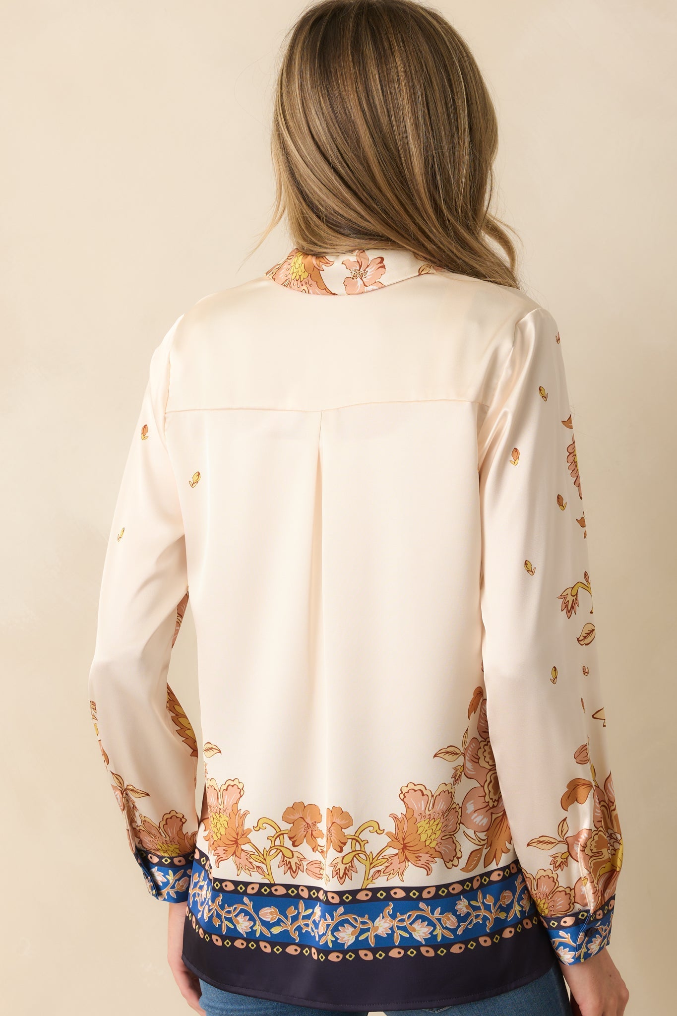 Took Her Time Ivory Multi Floral Print Satin Button Front Top