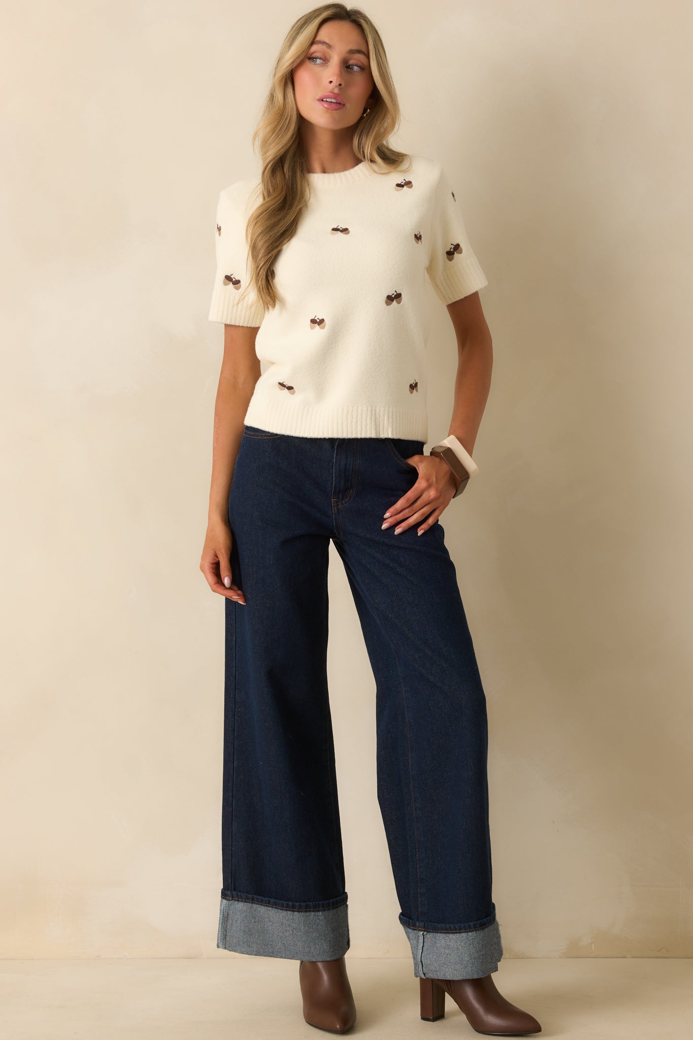 Found My Place Ivory Acorn Embroidered Short Sleeve Sweater