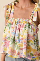 Gone To The Coast Ivory Multi Tropical Print Linen Crop Top
