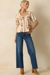 I Meant It Ivory Multi Vegetable Print Cotton Puff Sleeve Top