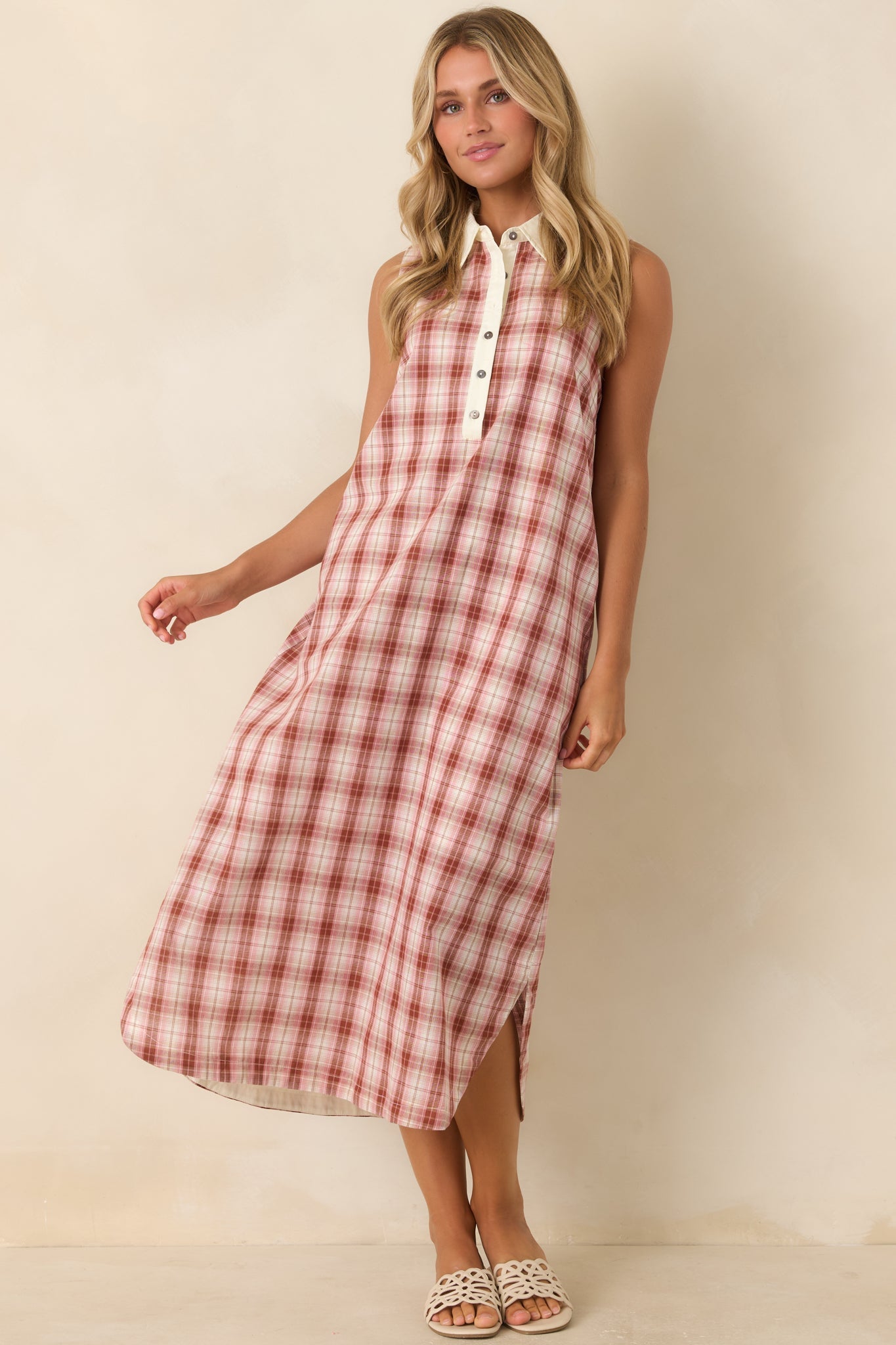 Small Town Story Pink Plaid Cotton Midi Dress