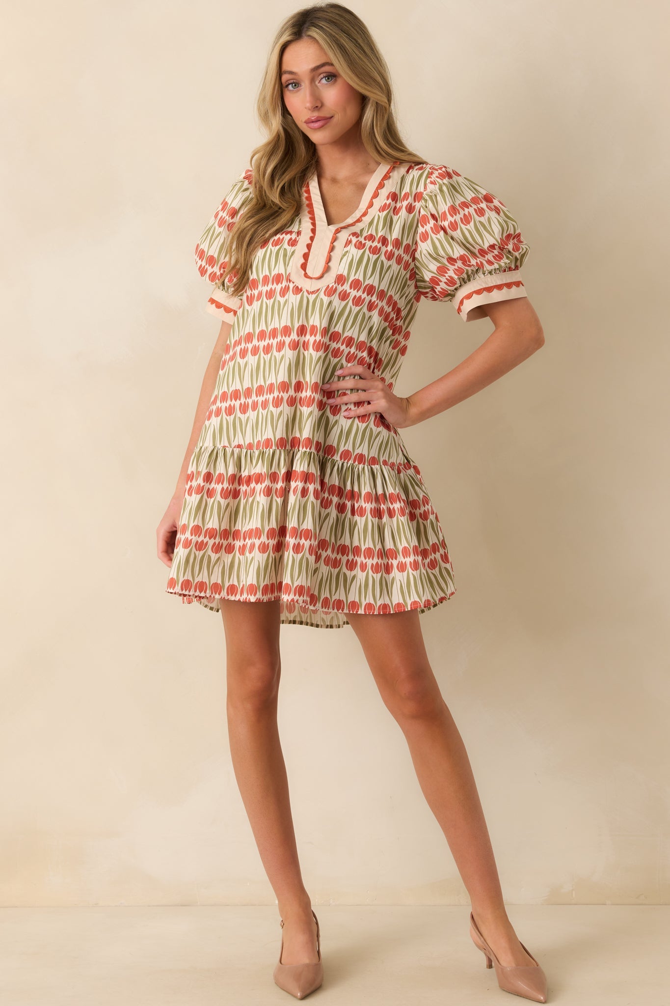 Simply Hers Ivory Tulip Floral Print Cotton Puff Sleeve Mini Dress
