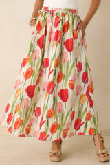 Garden District Ivory & Red Multi Linen Blend Floral Midi Skirt