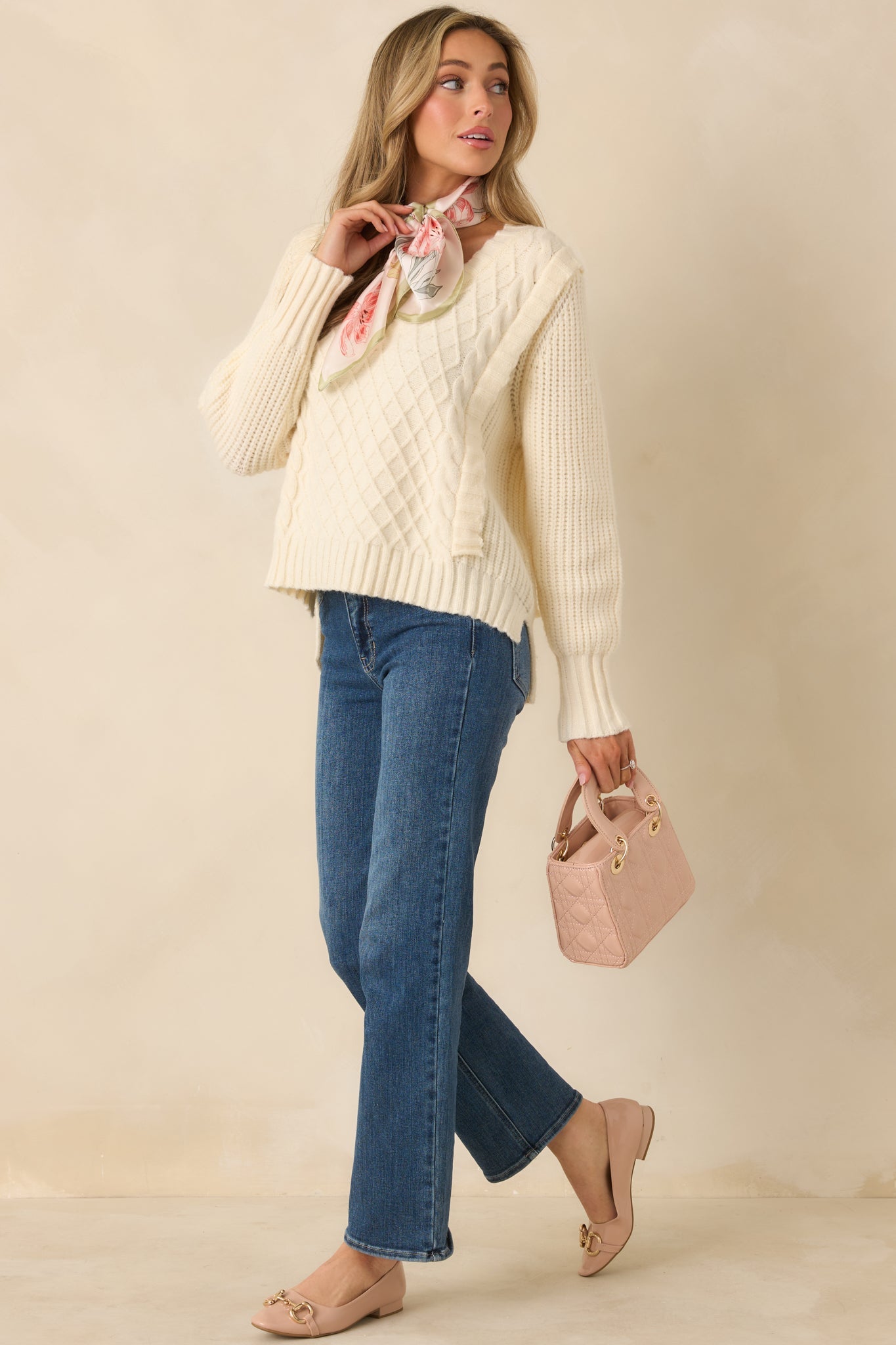 Softly Structured Ivory Knit Textured Panel V-Neck Sweater