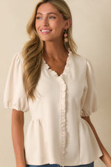 Getting A Fresh Start Ivory Puff Sleeve Ruffle Peplum Top