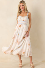 Blooming in Watercolor Ivory Multi Floral Tie Strap Midi Dress