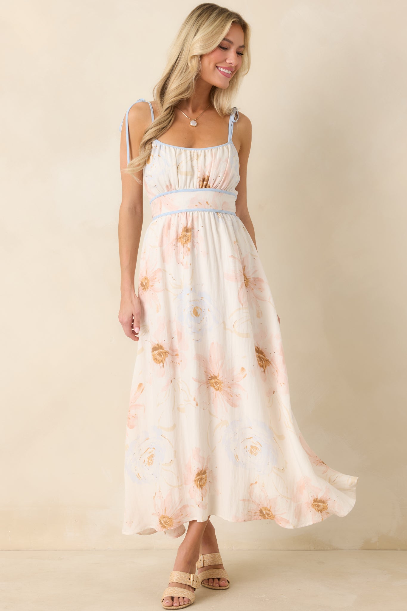 Blooming in Watercolor Ivory Multi Floral Tie Strap Midi Dress