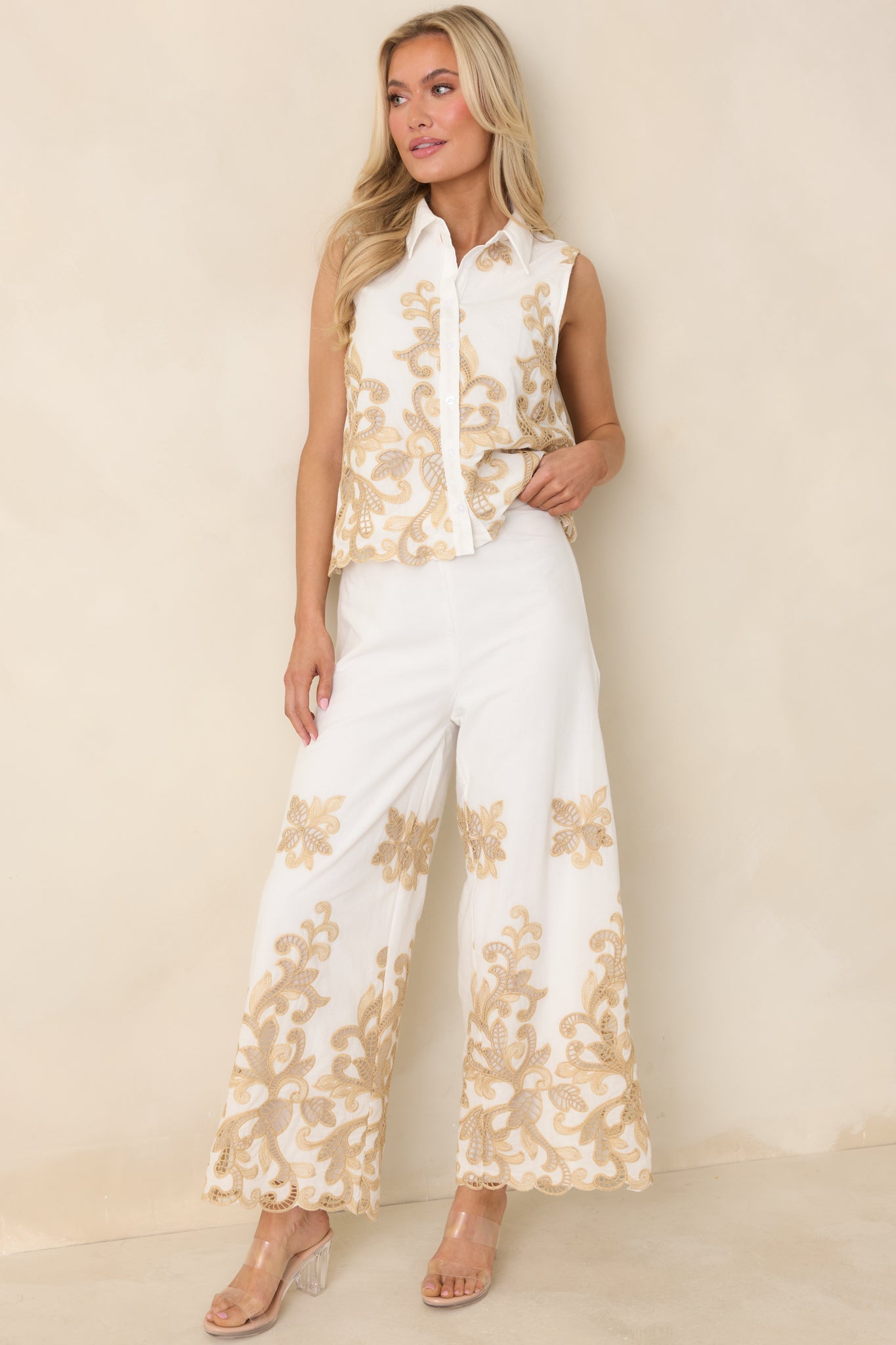 Kiss Me in Champagne Ivory Cotton Lace Applique Wide Leg Pants