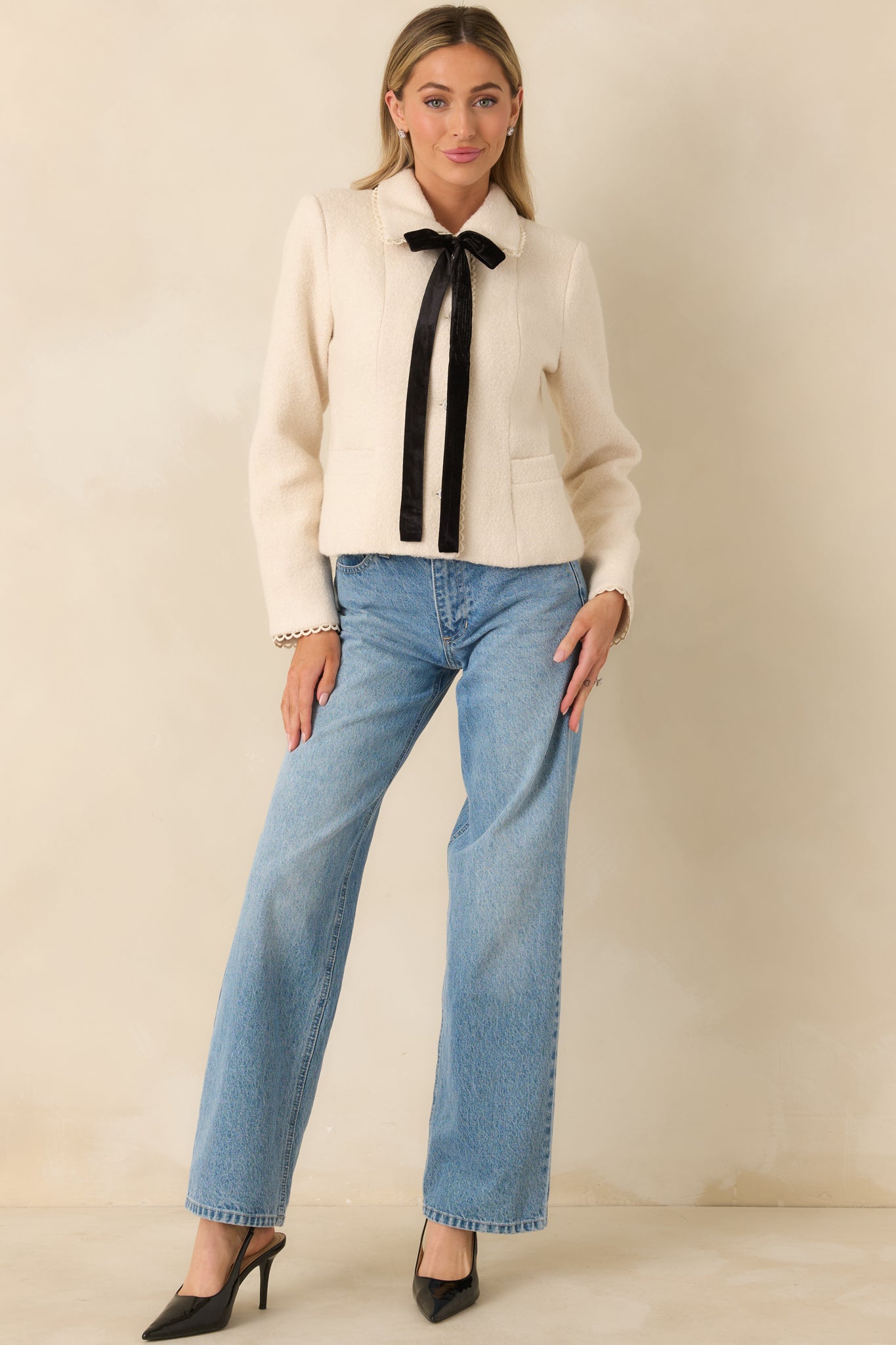 Held Together Natural Wool Blend Pearl Button & Velvet Tie Jacket