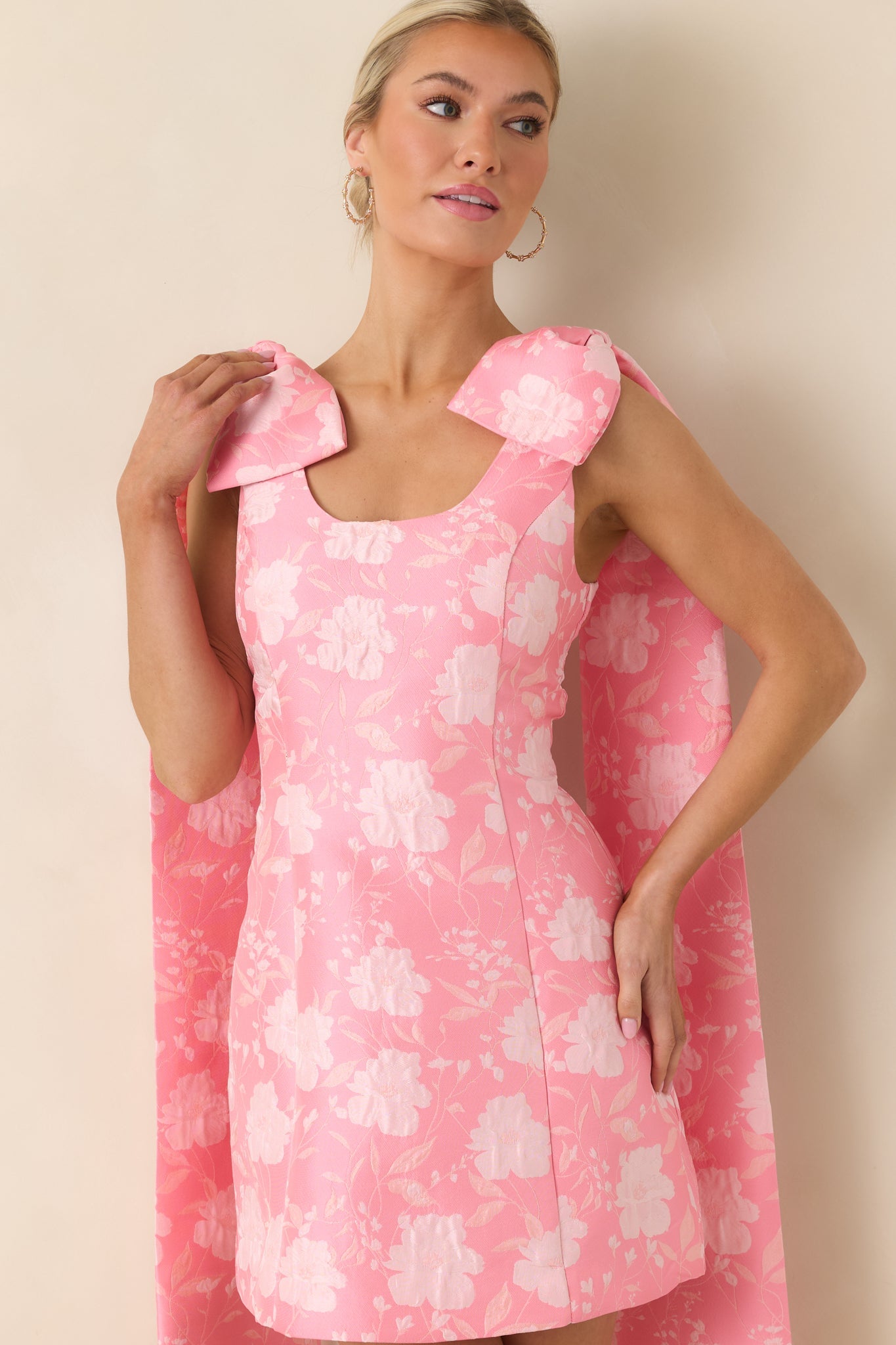 Make It Memorable Pink Floral Jacquard Bow Sash Mini Dress