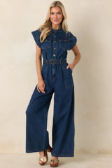 In the Fun Way Dark Wash Cotton Denim Belted Jumpsuit