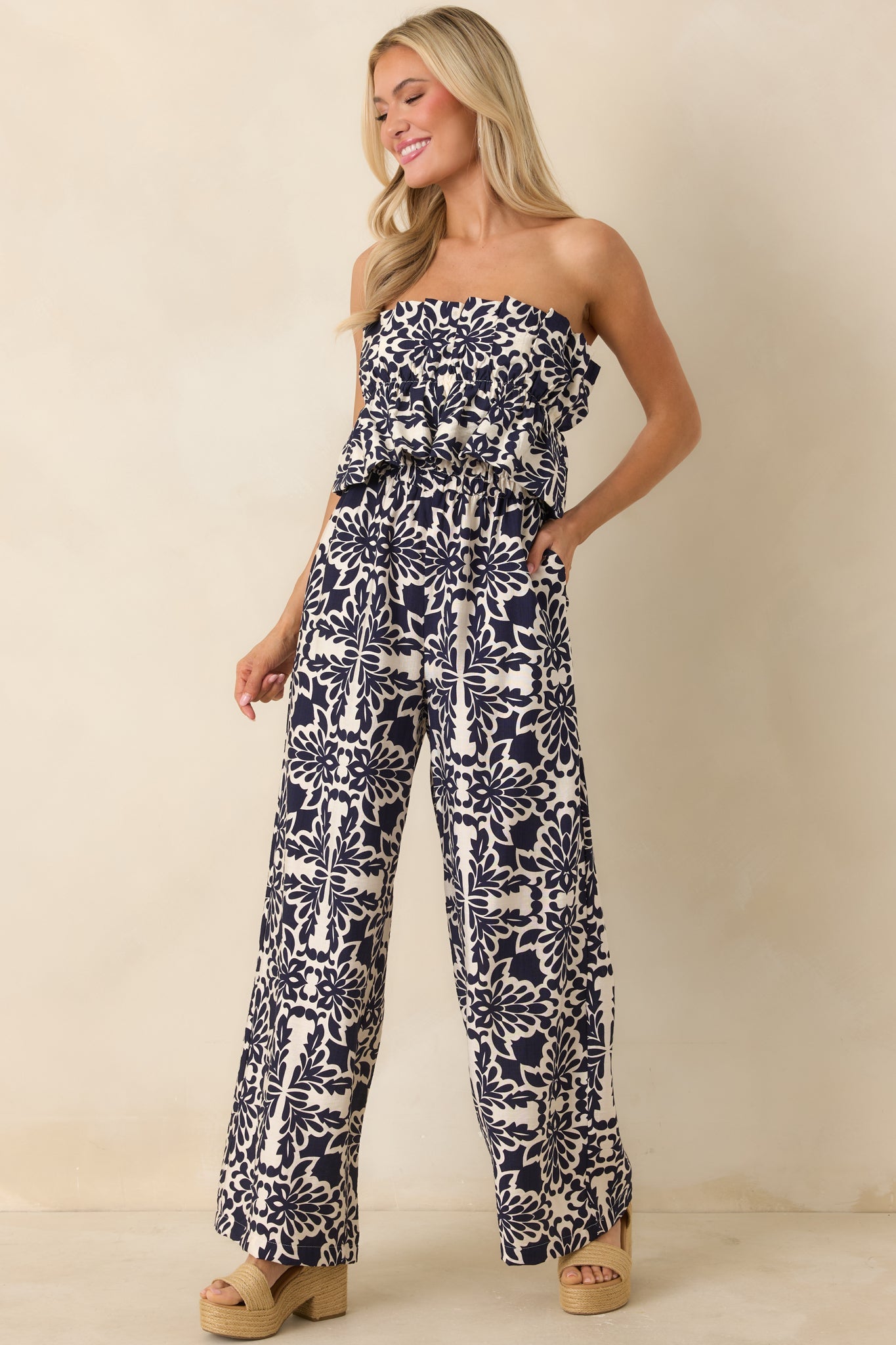 Say the Word Ivory & Navy Printed Wide Leg Jumpsuit