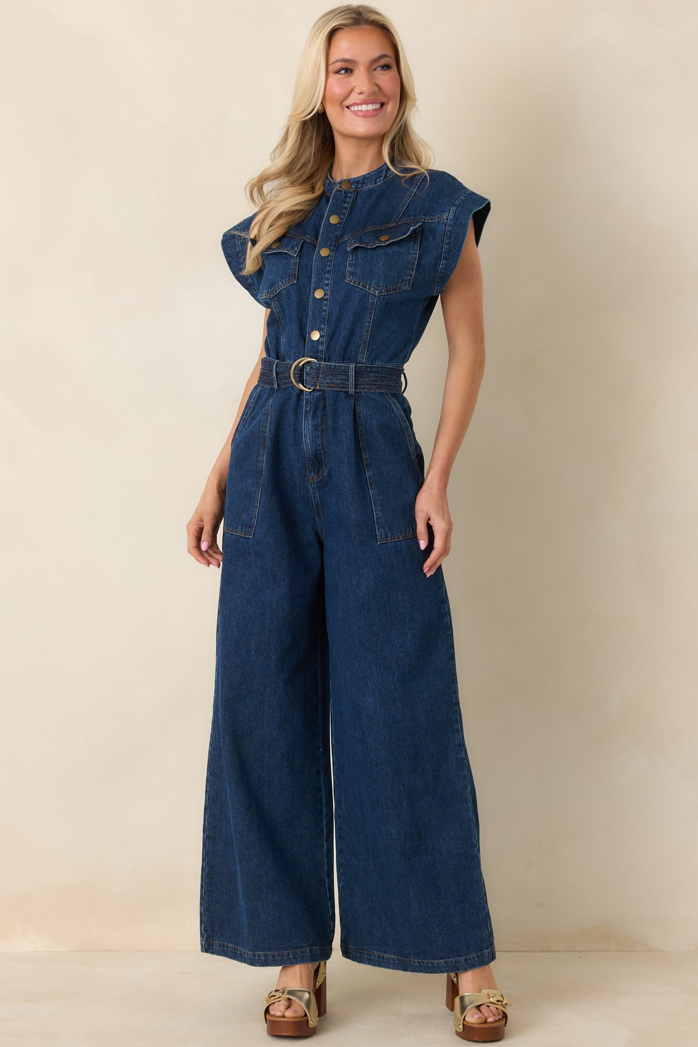 In the Fun Way Dark Wash Cotton Denim Belted Jumpsuit