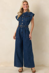 In the Fun Way Dark Wash Cotton Denim Belted Jumpsuit