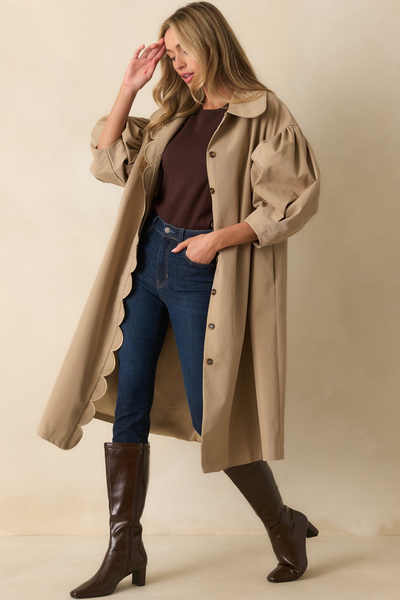 All In Good Fun Khaki Scallop Trim Puff Sleeve Button Front Coat