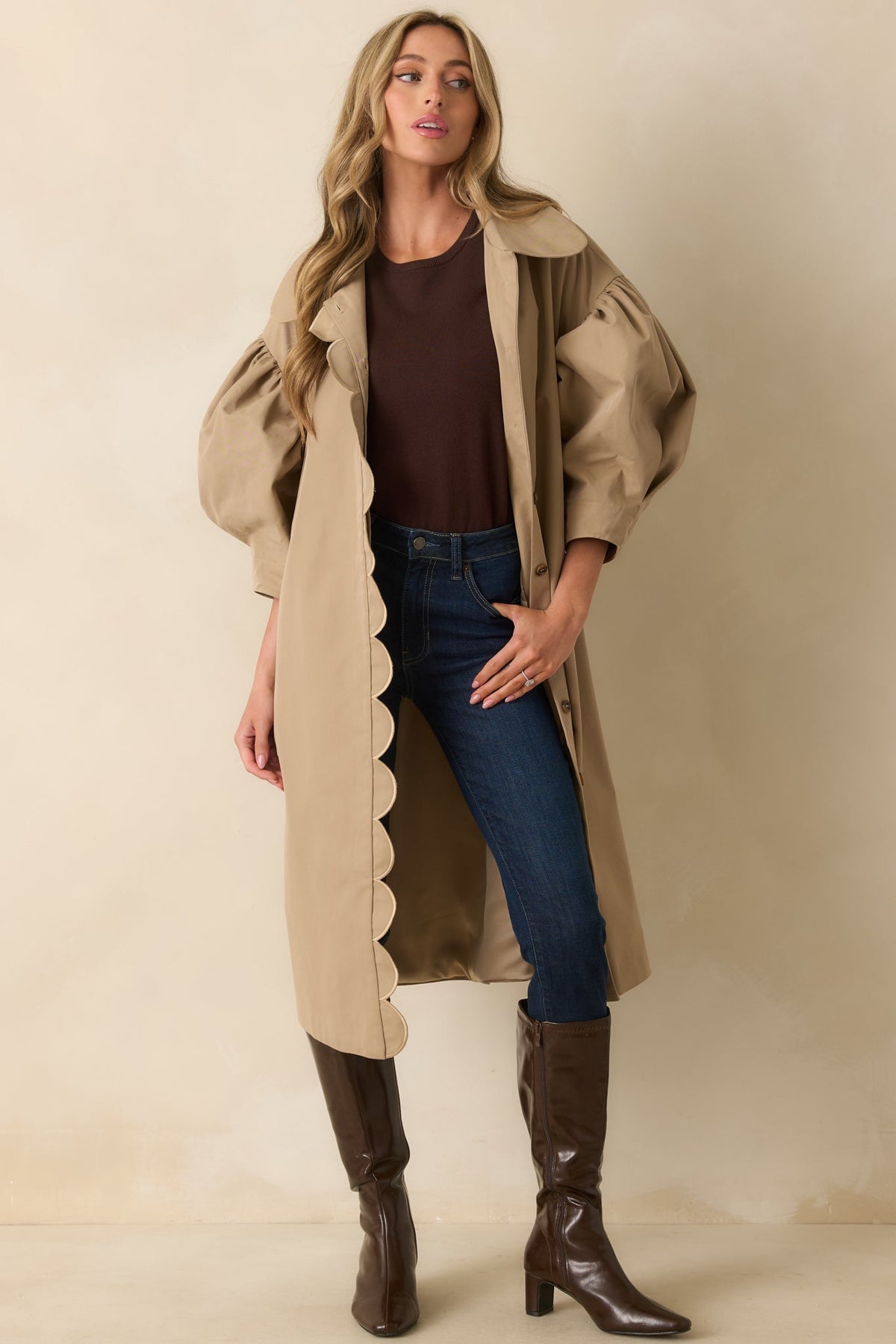 All In Good Fun Khaki Scallop Trim Puff Sleeve Button Front Coat