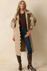 All In Good Fun Khaki Scallop Trim Puff Sleeve Button Front Coat