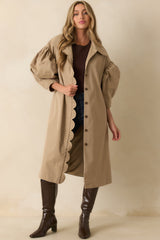 All In Good Fun Khaki Scallop Trim Puff Sleeve Button Front Coat