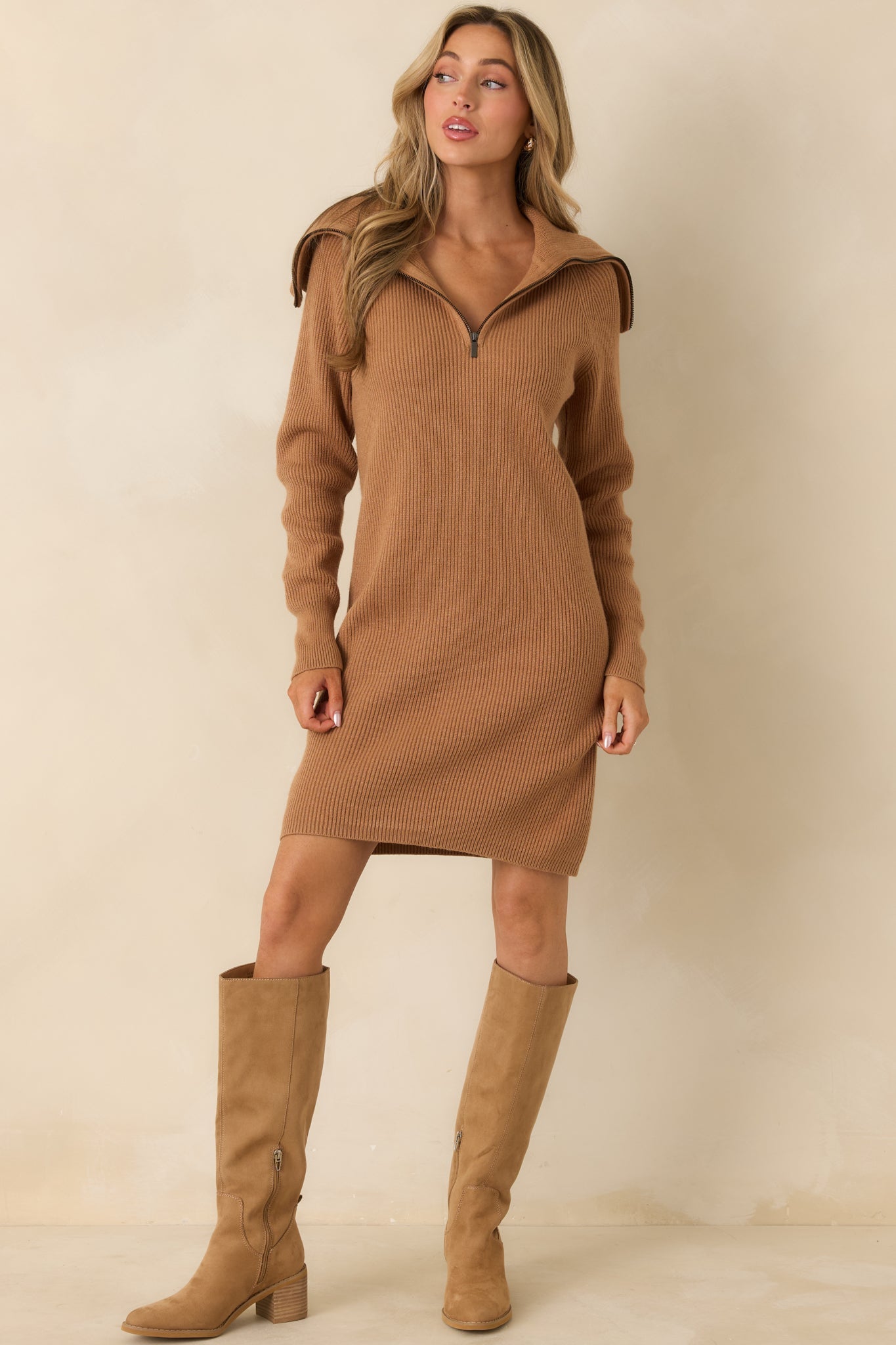 Ease Into It Camel Brown Knit Half-Zip Funnel Collar Longline Sweater Dress