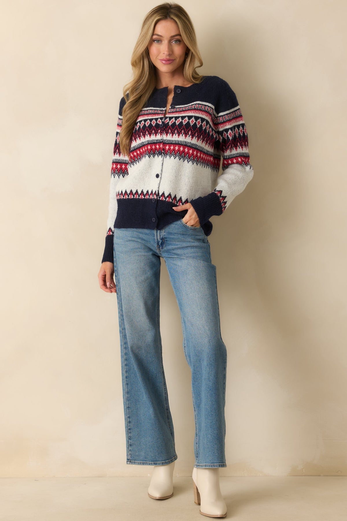 Fireside in Fair Isle White & Navy Multi Patterned Button Up Cardigan