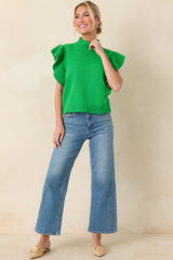 Watch Her Work Kelly Green Knit Flutter Sleeve Top
