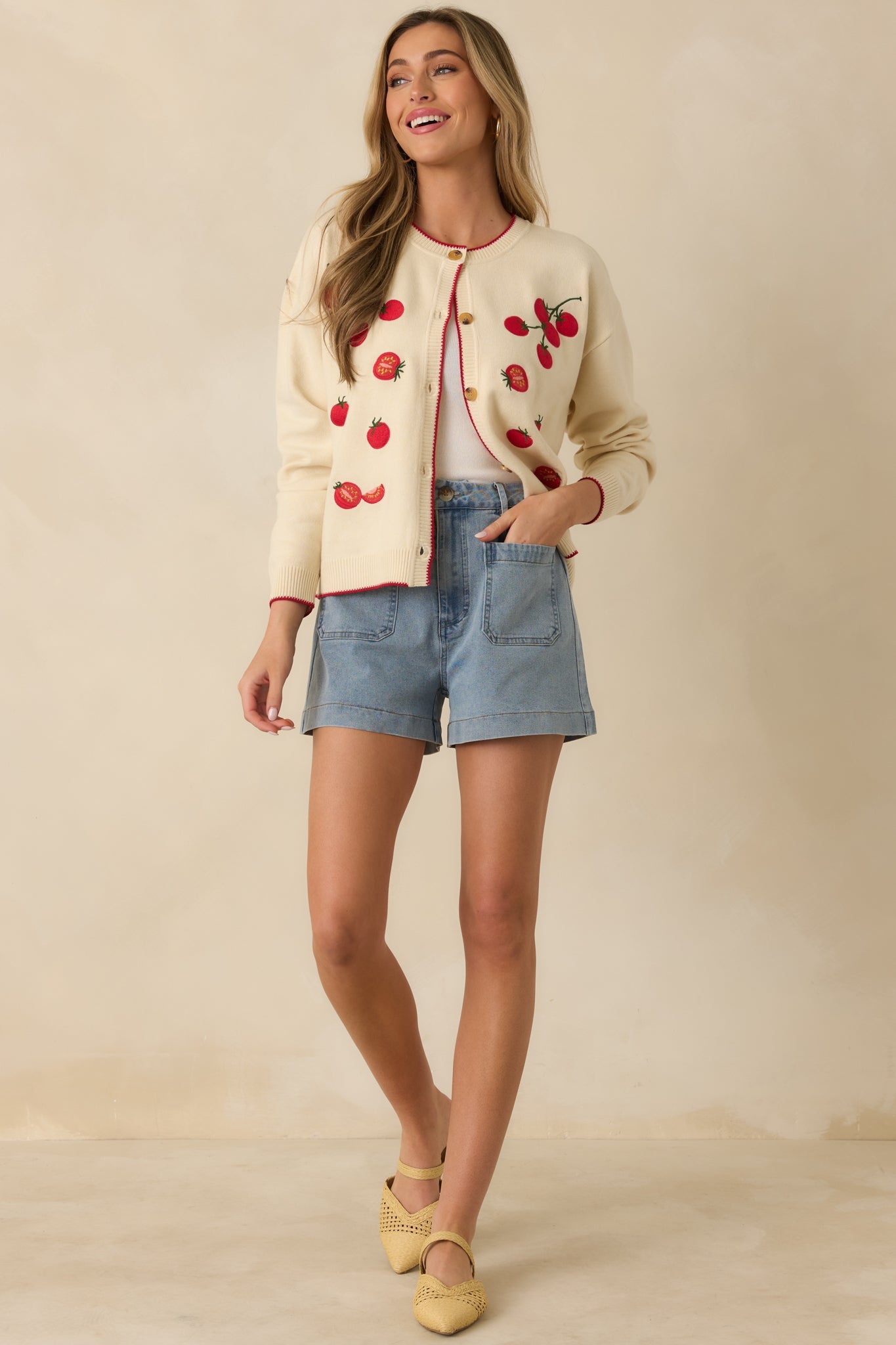 Picked With Love Ivory Multi Knit Cherry Tomato Cardigan