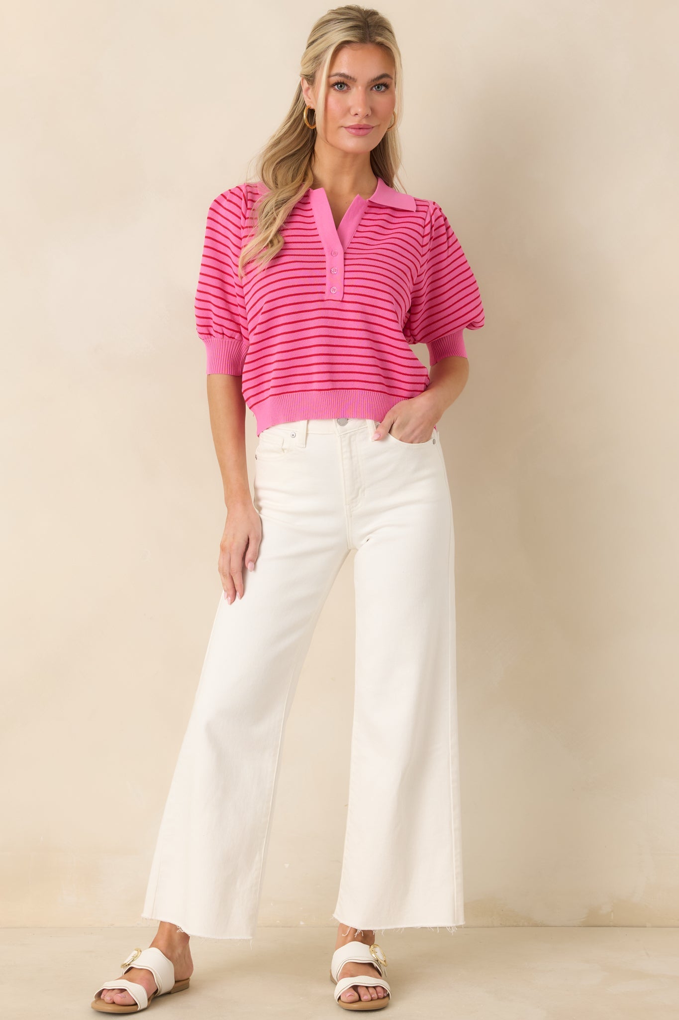 Plans After Work Pink Stripe Knit Polo Top