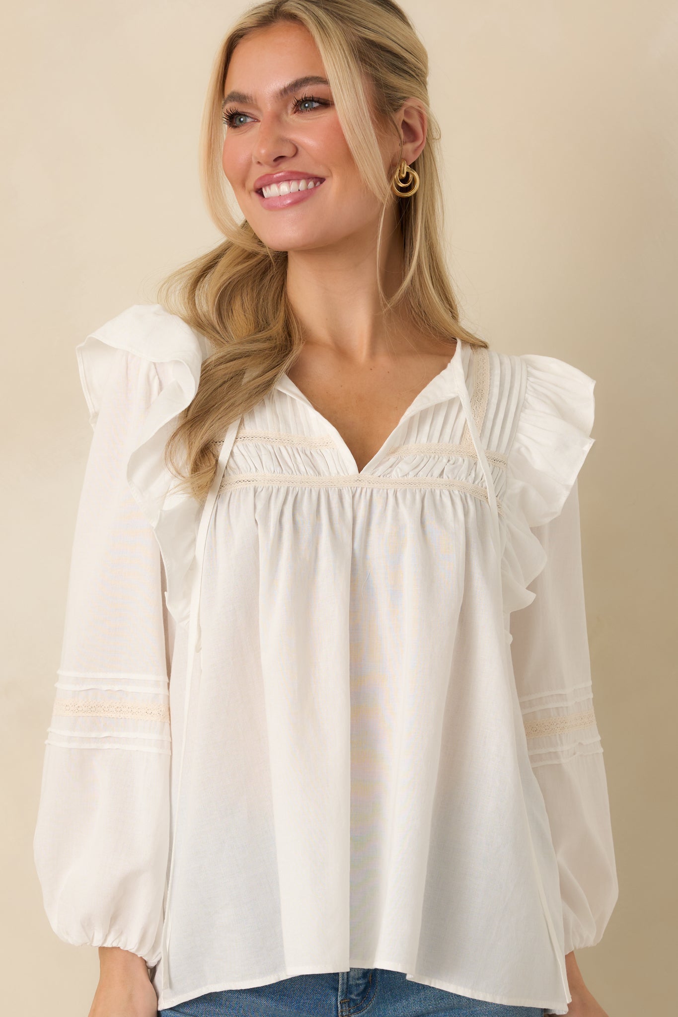 Where We Begin White Ruffle & Lace Trim Blouse