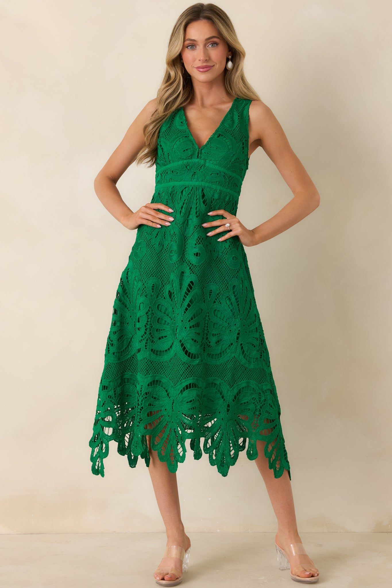 Where the Party Is Green Lace V-Neck Sleeveless Midi Dress