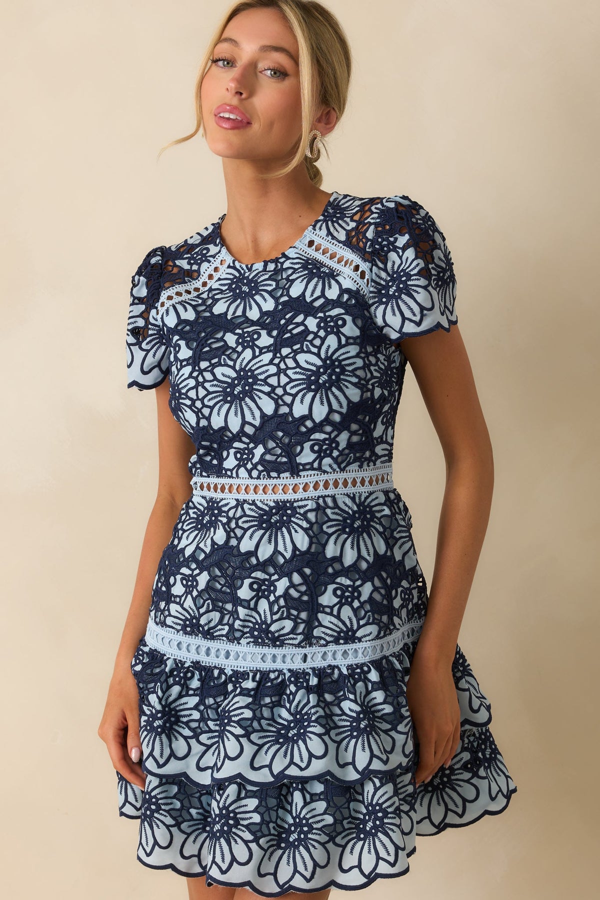 Can't Miss This Blue Multi Floral Embroidered Lace Mini Dress