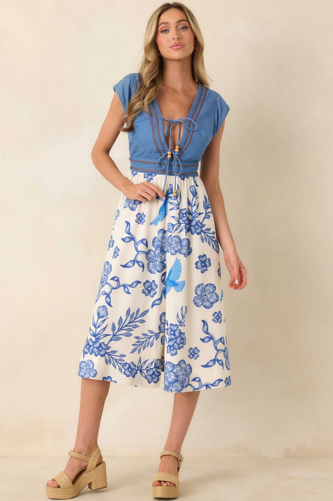 Aylaya Aubrey Ivory & Blue Floral Denim Bodice Midi Dress