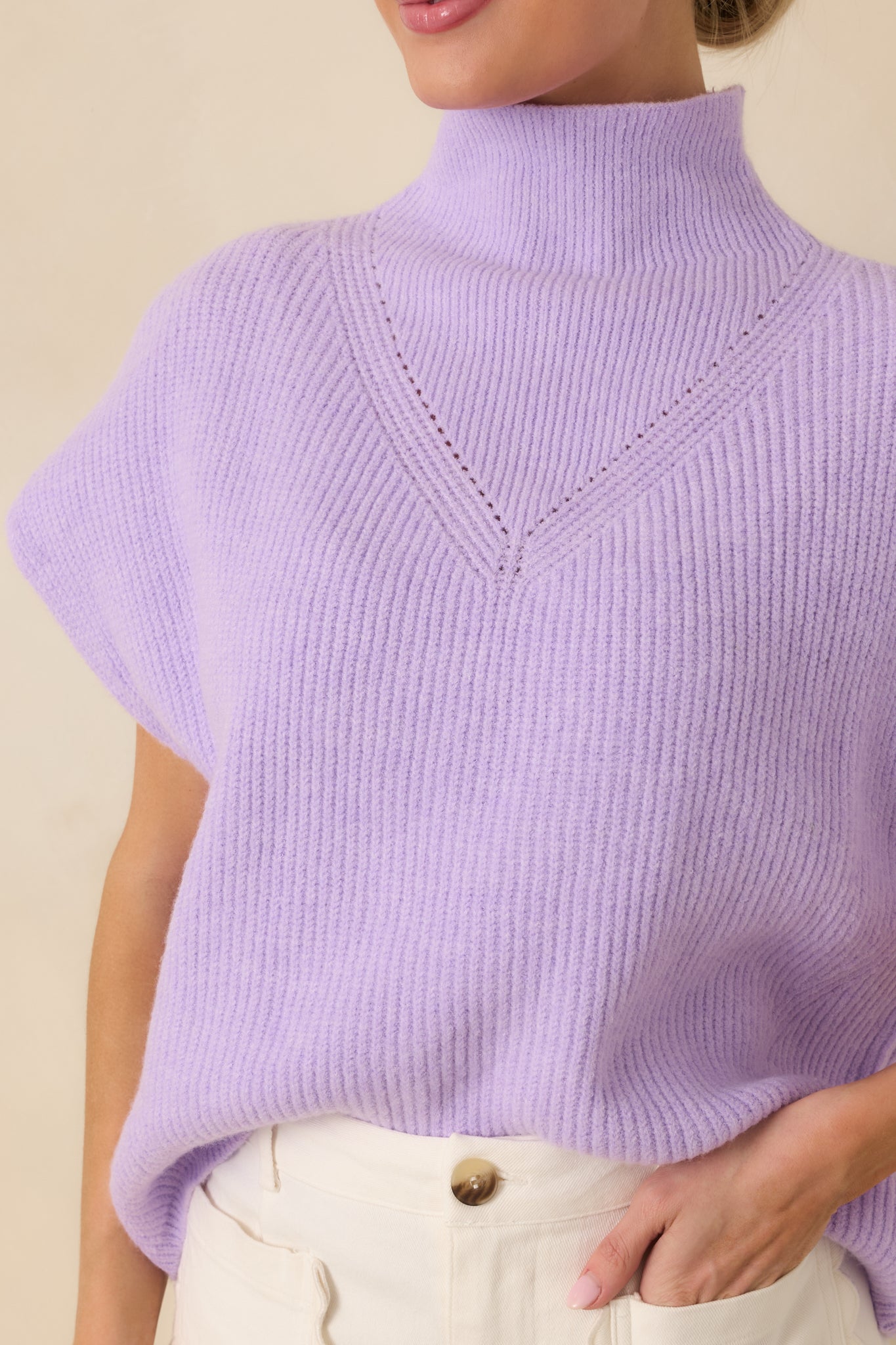 Cool Intentions Lavender Ribbed Knit Mockneck Cap Sleeve Sweater